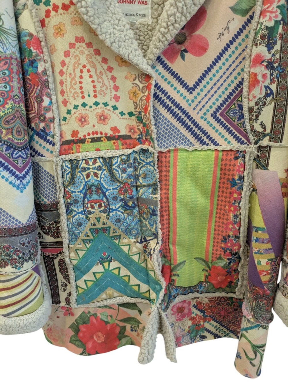 Johnny Was Gigianna Suede Jacket XL Patchwork Mixed Print Sherpa Lined Boho Coat - Picture 3 of 10